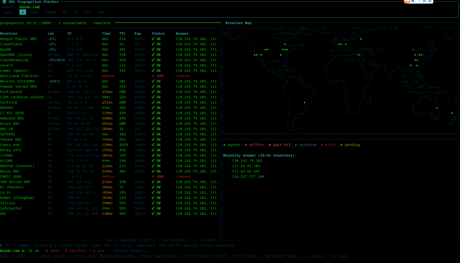 🔥 爆款工具！Rust 终端神器 dnsglobe：全球 34 个 DNS 解析器并行查询 + 实时世界地图，一眼看穿 DNS 传播全貌！
